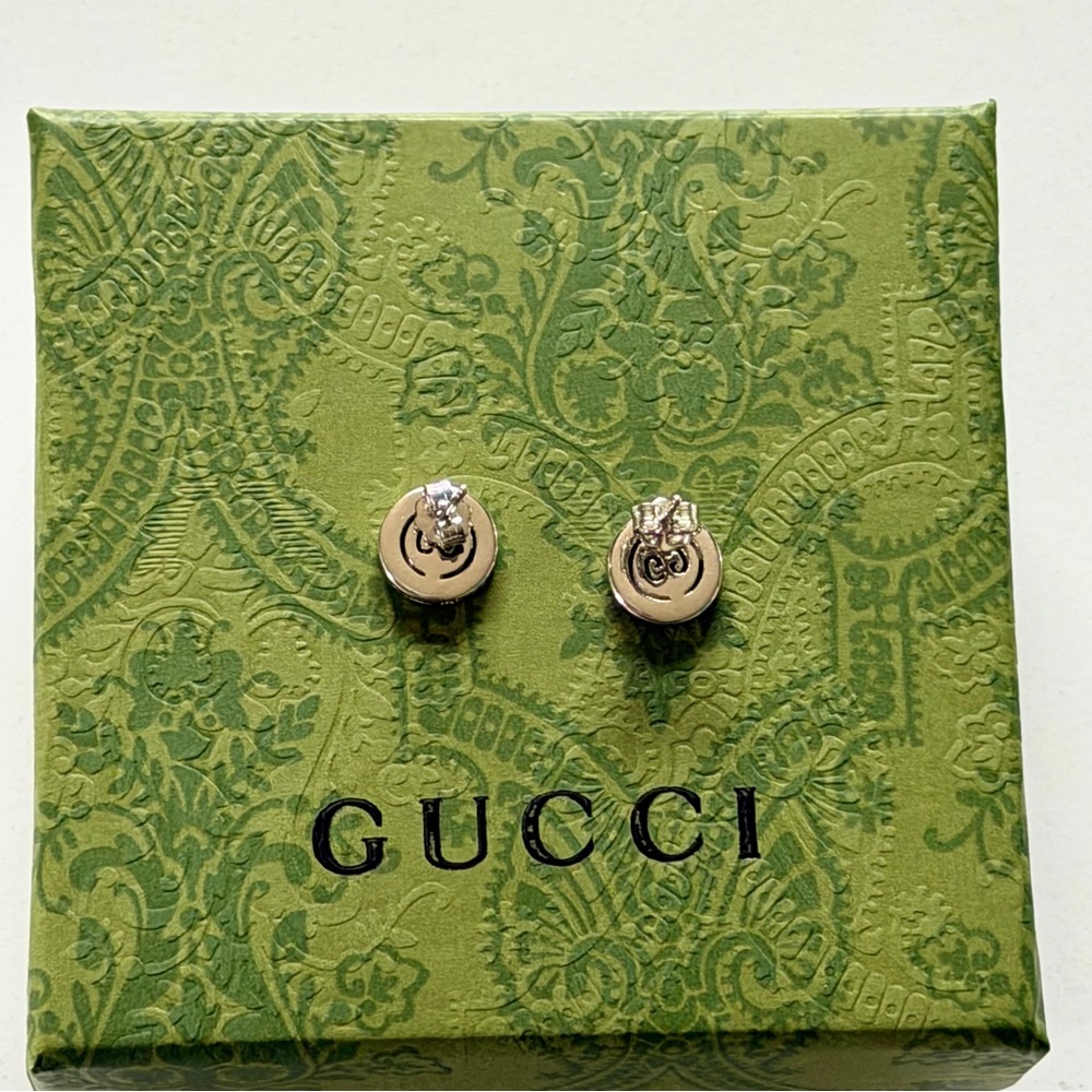 Gucci Interlocking G Crystal Earrings Sterling Silver Studs Authentic Gucci New - Picture 3 of 10